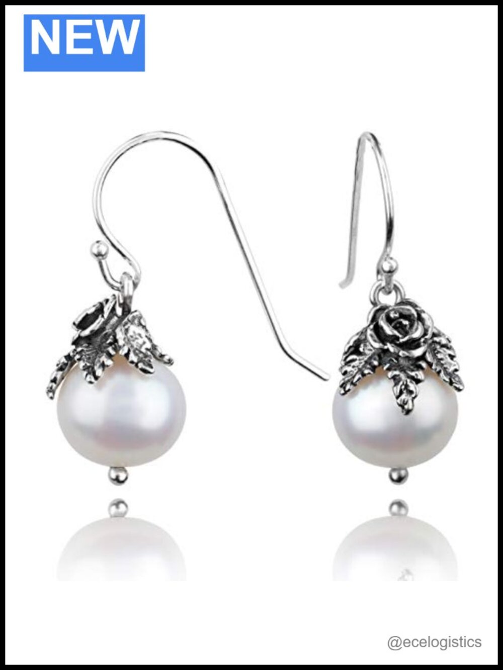 Sterling Silver Dangle Pearl Earrings Floral Caps Drop Set Gift for Her